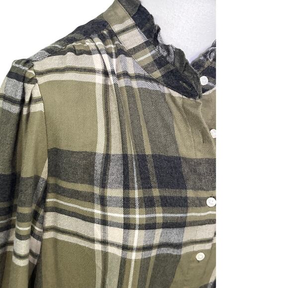 Ann Taylor Weekend Ruffle Collar Green Gray Plaid Soft Flannel Shirt Size M - Picture 2 of 8